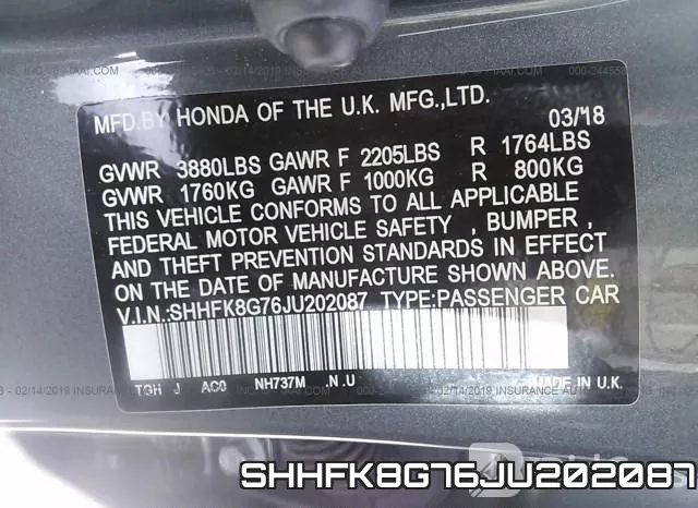 SHHFK8G76JU202087