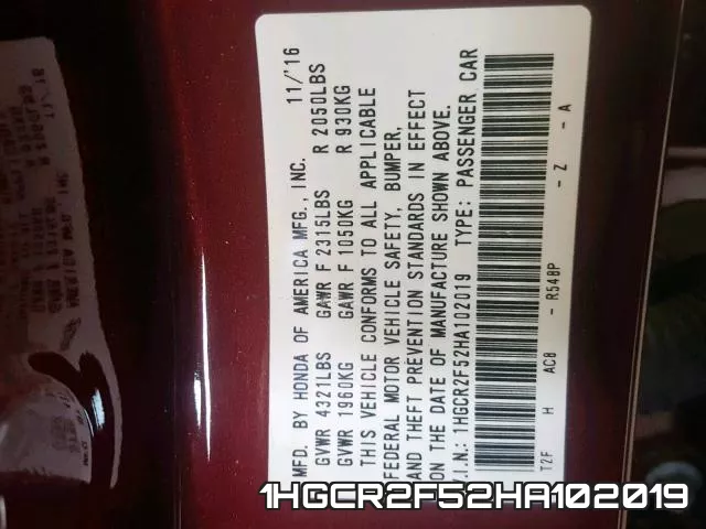 1HGCR2F52HA102019