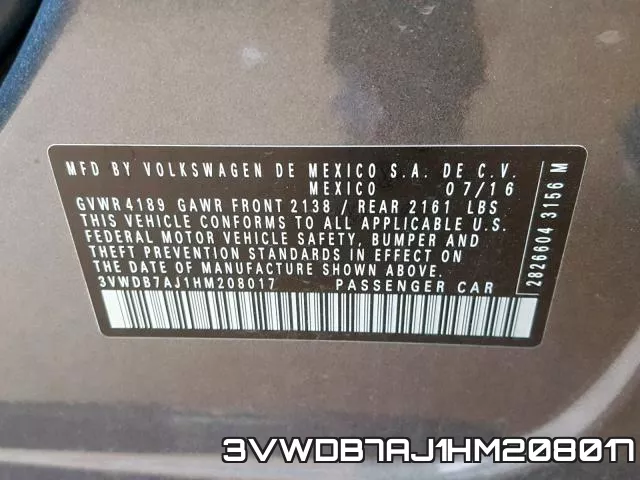 3VWDB7AJ1HM208017