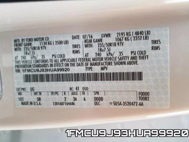 1FMCU9J93HUA99920