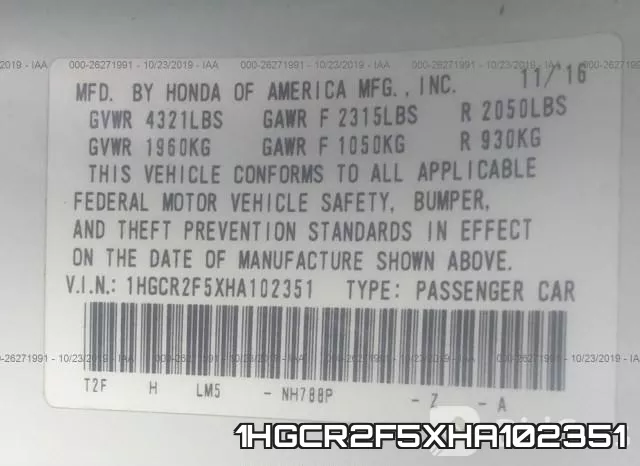 1HGCR2F5XHA102351