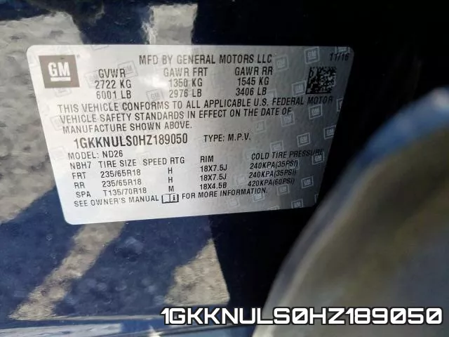 1GKKNULS0HZ189050