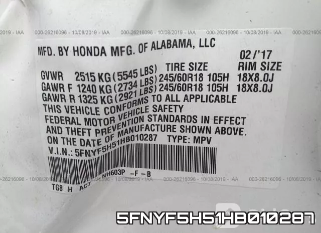 5FNYF5H51HB010287