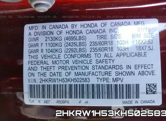 2HKRW1H53KH502583