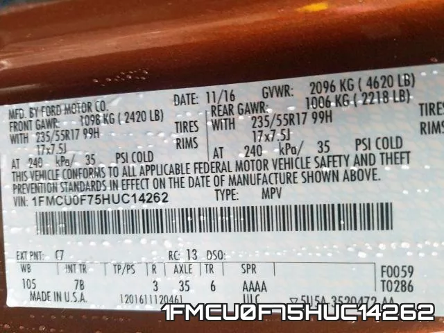 1FMCU0F75HUC14262