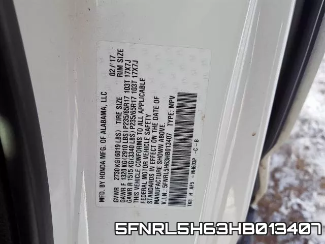 5FNRL5H63HB013407