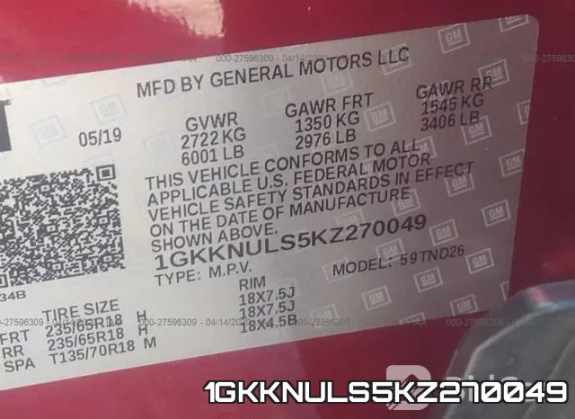 1GKKNULS5KZ270049