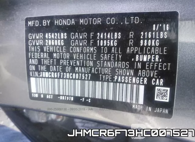 JHMCR6F73HC007527