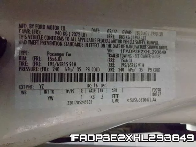 1FADP3E2XHL293849