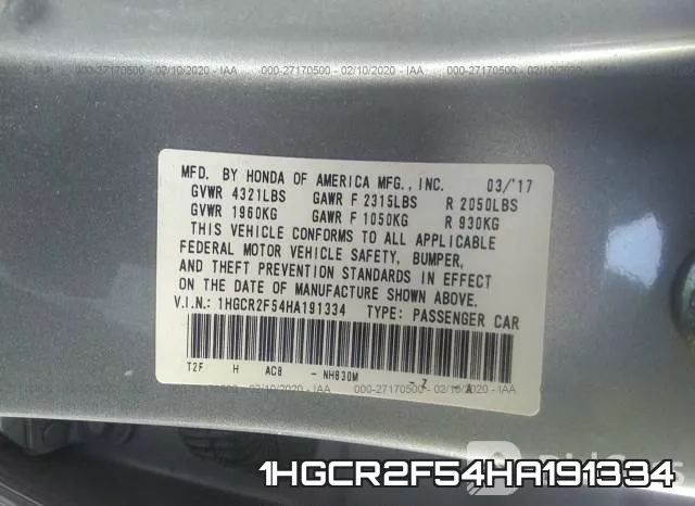 1HGCR2F54HA191334