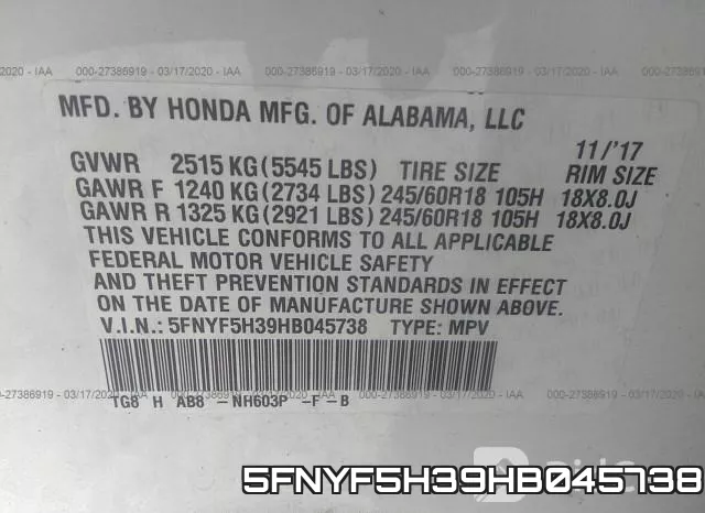 5FNYF5H39HB045738