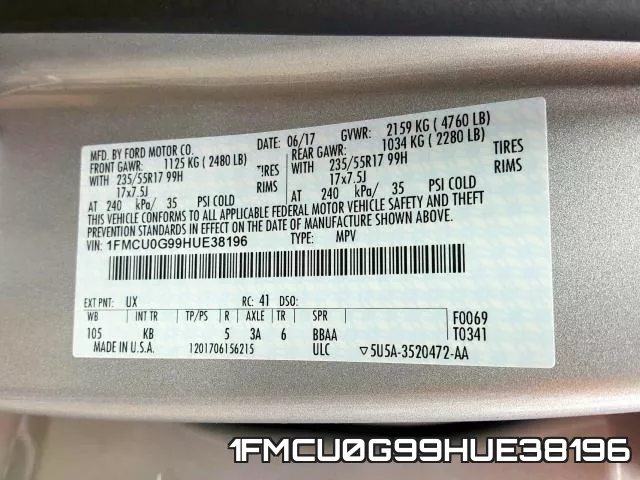 1FMCU0G99HUE38196