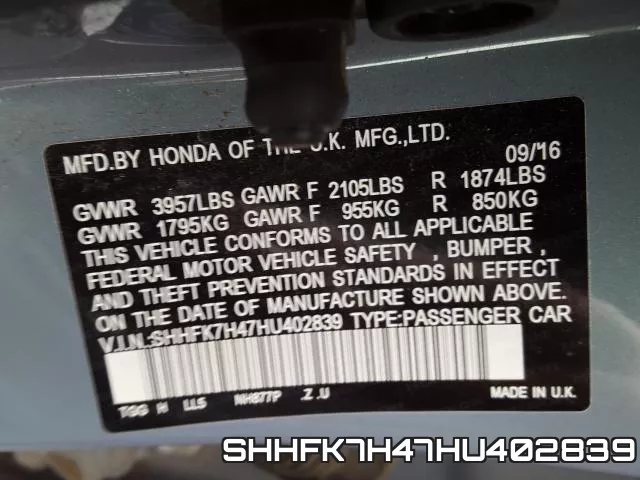 SHHFK7H47HU402839