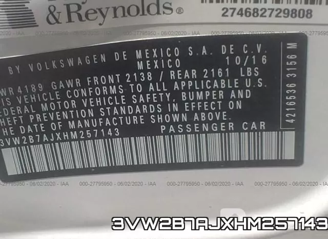3VW2B7AJXHM257143