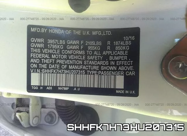SHHFK7H73HU207315