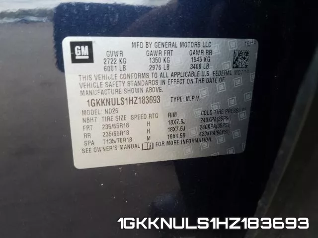 1GKKNULS1HZ183693
