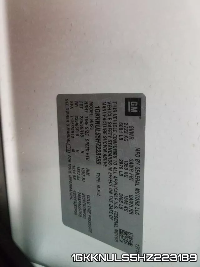 1GKKNULS5HZ223189