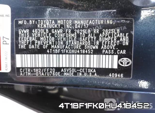 4T1BF1FK0HU418452