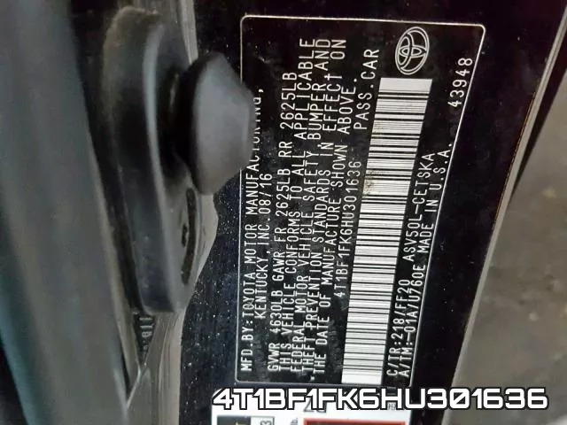 4T1BF1FK6HU301636