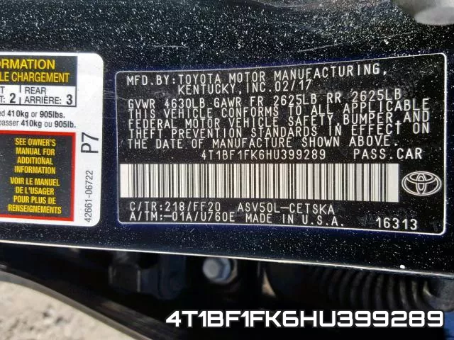 4T1BF1FK6HU399289