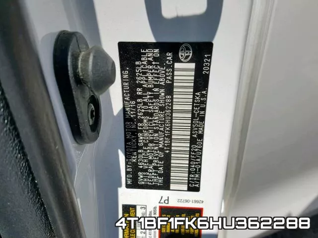 4T1BF1FK6HU362288