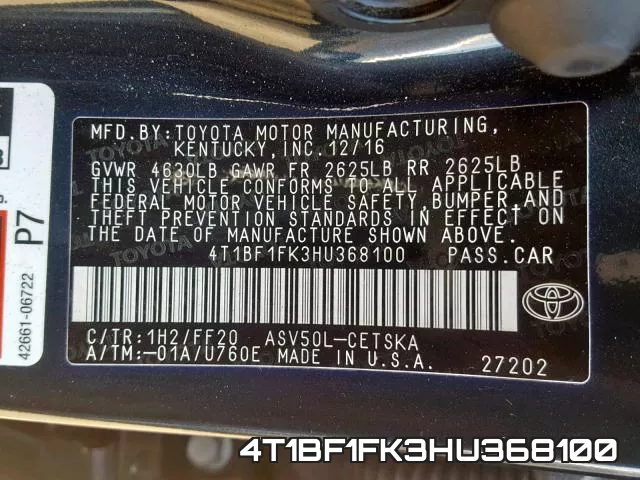 4T1BF1FK3HU368100