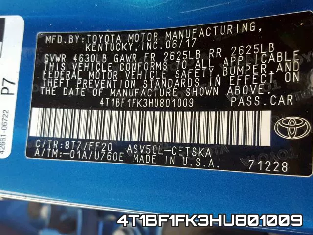 4T1BF1FK3HU801009