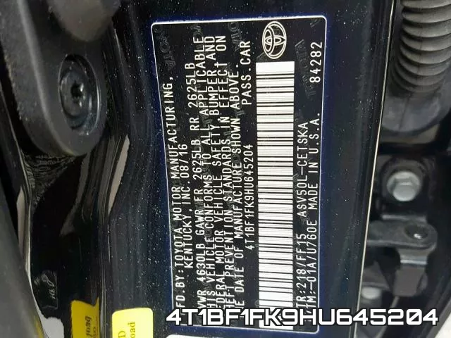 4T1BF1FK9HU645204