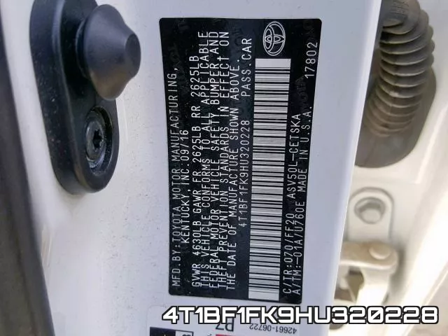 4T1BF1FK9HU320228