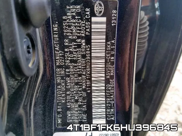 4T1BF1FK6HU396845