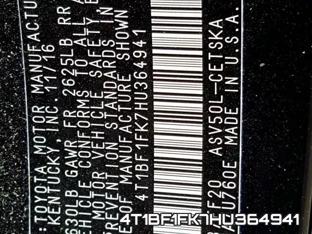 4T1BF1FK7HU364941