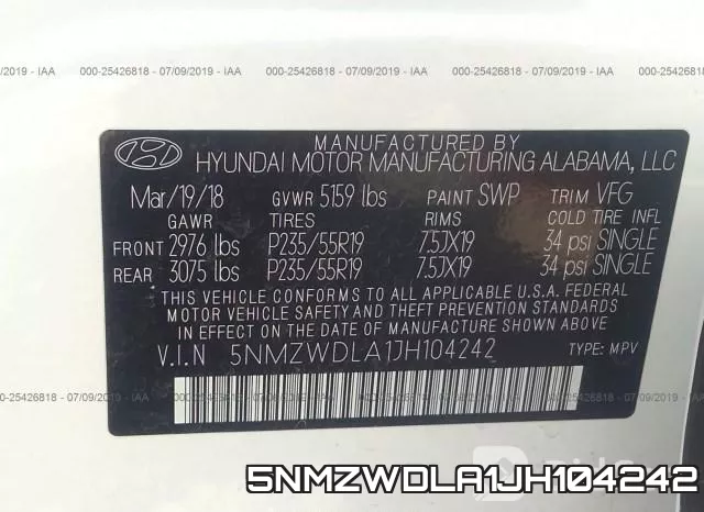 5NMZWDLA1JH104242