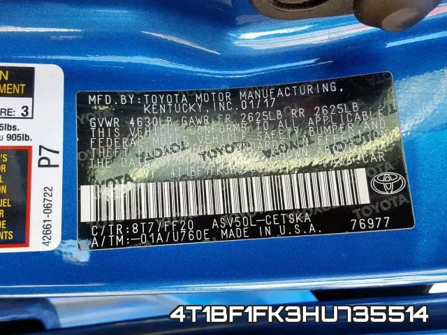 4T1BF1FK3HU735514