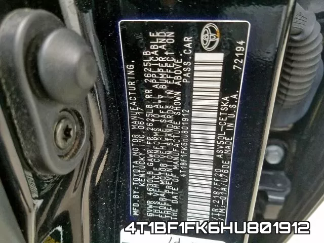 4T1BF1FK6HU801912