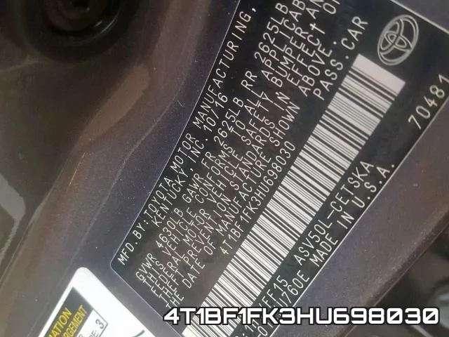 4T1BF1FK3HU698030