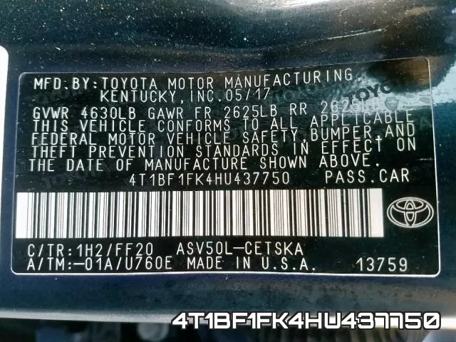 4T1BF1FK4HU437750