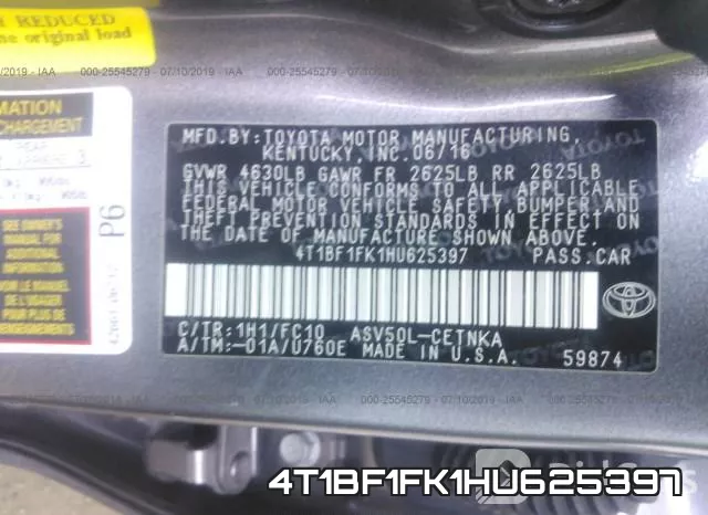 4T1BF1FK1HU625397