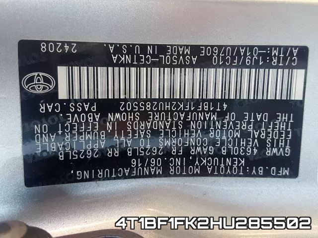 4T1BF1FK2HU285502