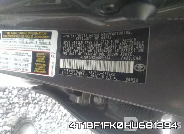 4T1BF1FK0HU681394