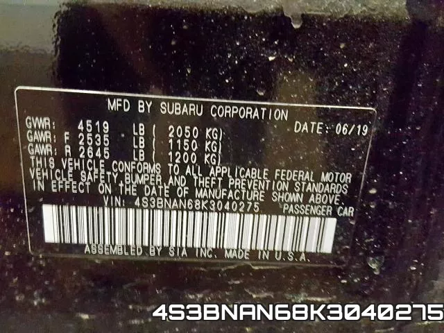 4S3BNAN68K3040275