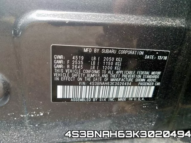 4S3BNAH63K3020494