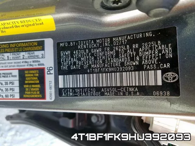 4T1BF1FK9HU392093