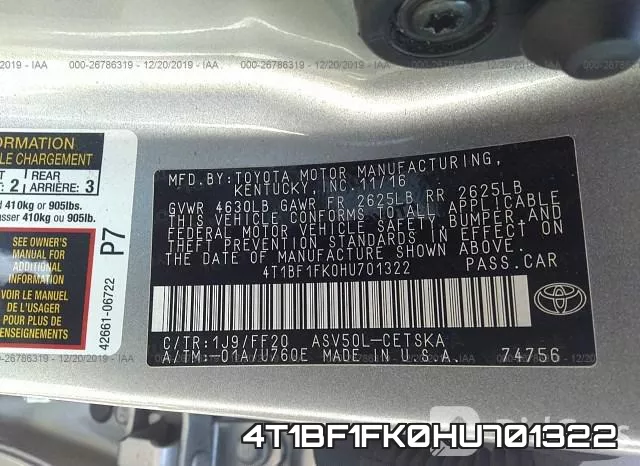 4T1BF1FK0HU701322