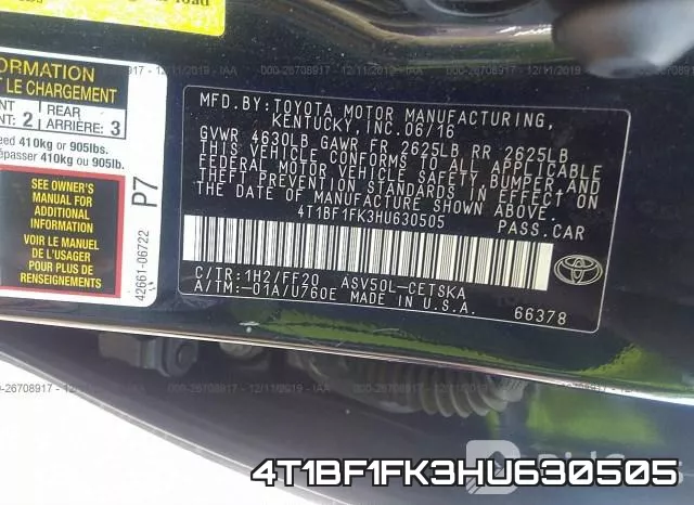 4T1BF1FK3HU630505