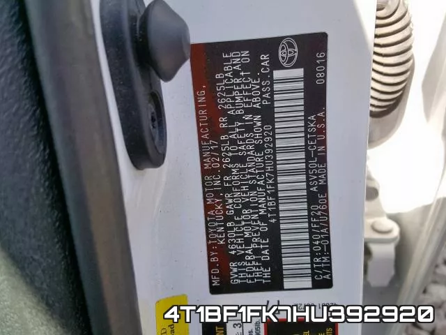 4T1BF1FK7HU392920