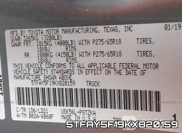 5TFAY5F19KX820159