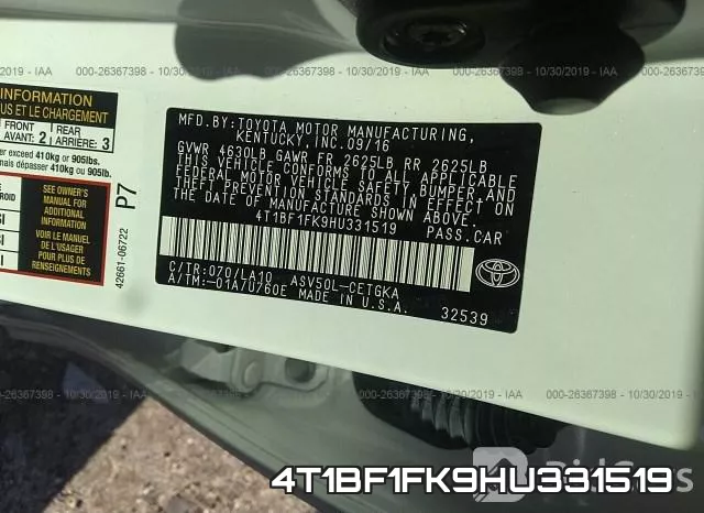 4T1BF1FK9HU331519