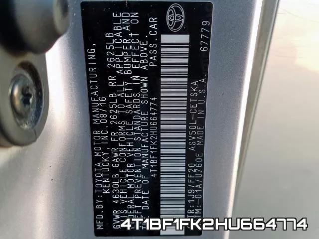 4T1BF1FK2HU664774