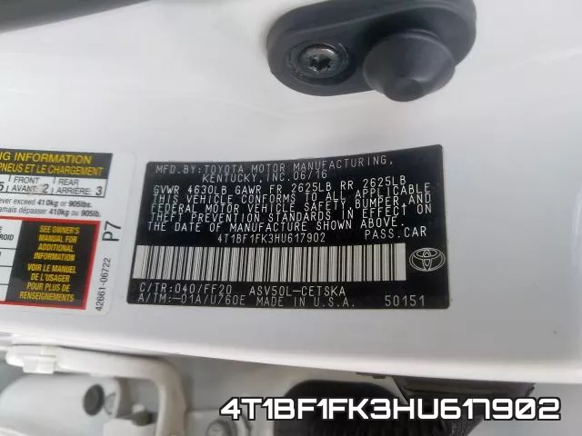 4T1BF1FK3HU617902