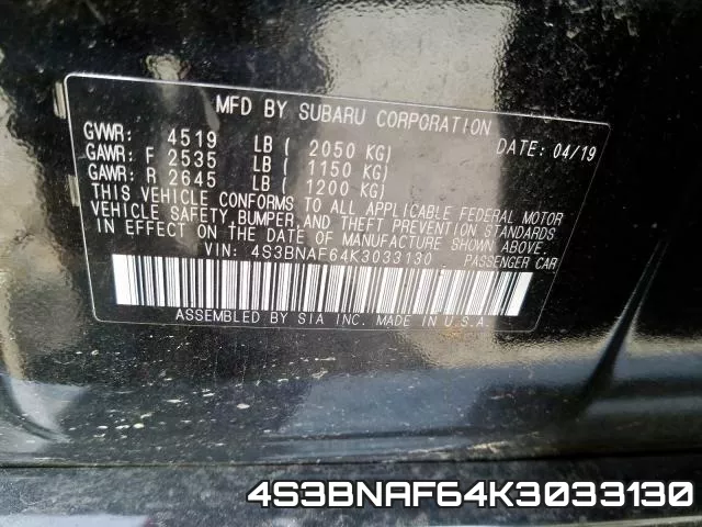 4S3BNAF64K3033130
